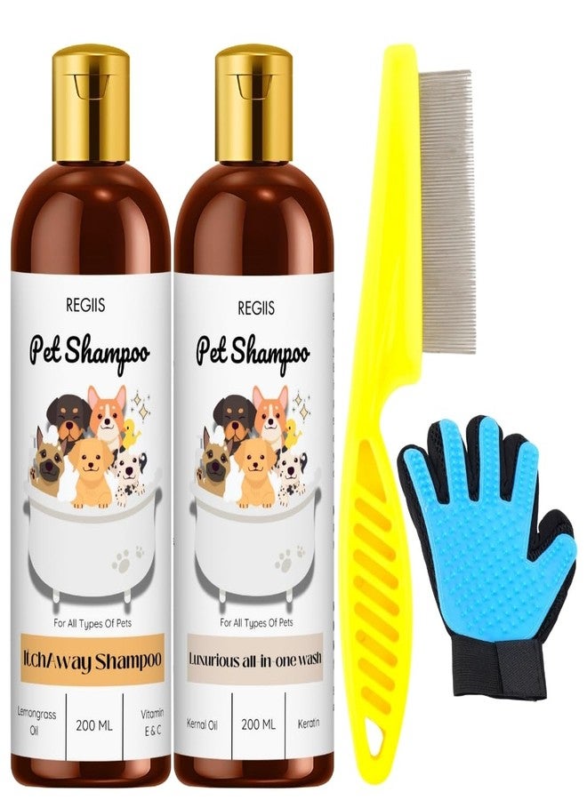 REGIIS Pet Shampoo Set, Dog Grooming Kit with Itch Away and All-in-One Wash, 200 ML Bottles, Includes Deshedding Glove and Flea Comb for Dogs and Cats(4 Pack) - Image 1